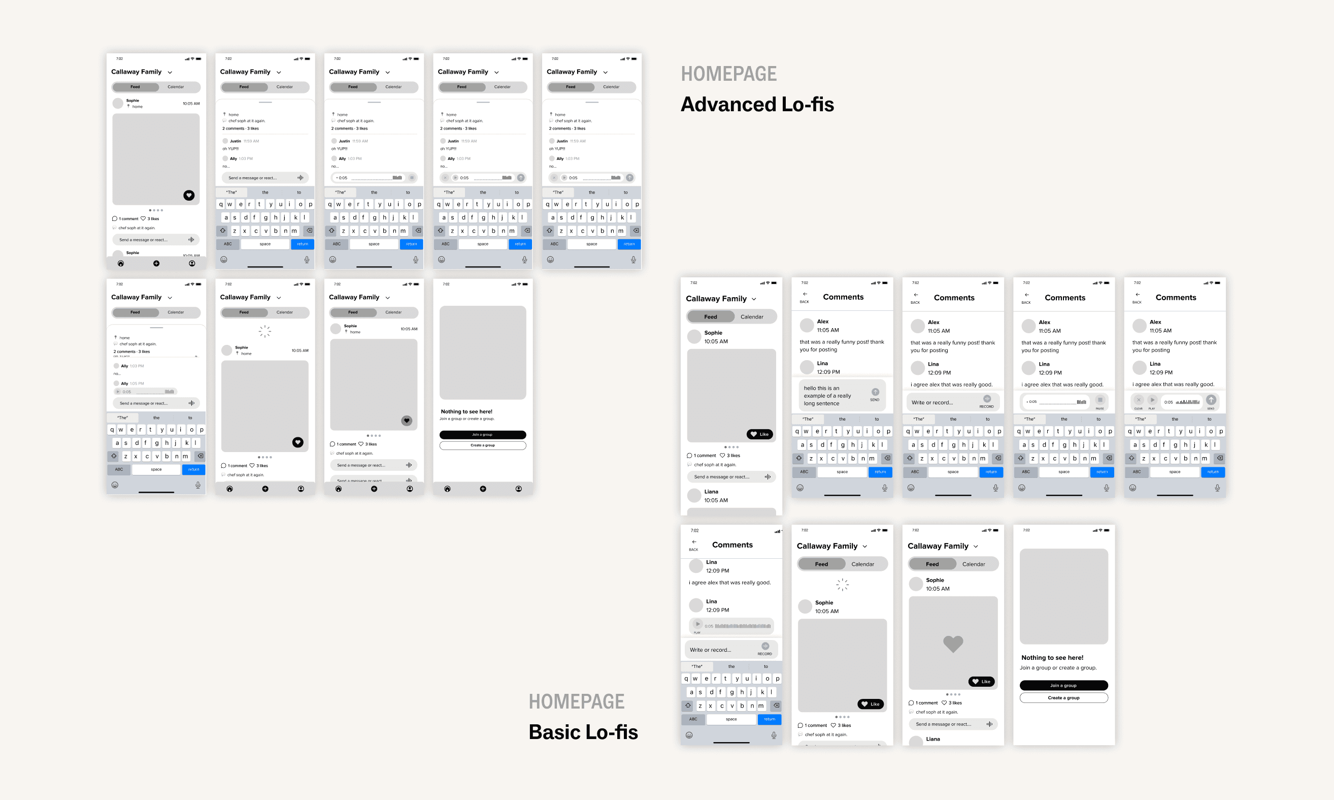 Low-fidelity wireframes of basic and advanced homepages